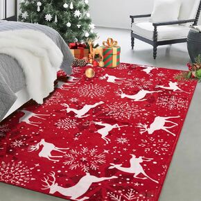 Christmas Rug 3 x 5 mas Area Rugs for Living Room Washable Non Slip Festive Decorative Rug Low Pile Carpet Soft Indoor Floor Mat for Bedroom Dining Room Entryway, Snowflake Red