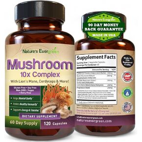 10-in-1 Mushroom 10x Complex Supplement | Lions Mane, Reishi and Cordyceps & More | Nootropic for Brain Health, Memory & Focus | Immunity & Energy - (120 Capsules - 60 Day Supply)