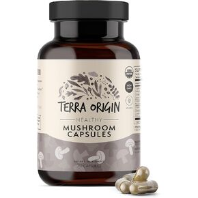 TERRA ORIGIN Healthy Mushroom Capsules | Certified USDA Organic | 90 Veggie Caps | Reishi Mushroom, Lions Mane | Potent Immune Support & Nootropic Brain Supplement |