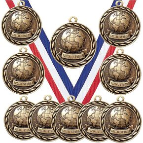 Express Medals Social Studies Gold Medals Trophy Award with Neck Ribbons MA - (Pack of 10)