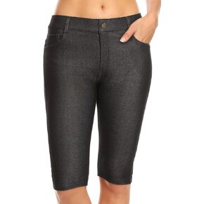ICONOFLASH Women's Cotton 5 Pocket Bermuda Shorts No Muffin Top Pull On Knee Length Jeggings Stretchy Jean Leggings