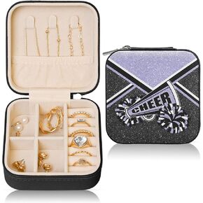 Cheerleader Travel Jewelry Case, Cheer Travel Jewelry Box for Women, Mini Jewelry Travel Case for Cheer Team, Cheerleader Gifts for Girls (Purple)