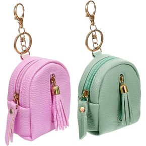 Mini Backpack Jewelry Box Case with Keychain,Cute PU Leather Cosmetic Bag for Women, Small Storage Bag for Key Pocket Lipstick Bag Card Holder Data Cable Organizer Zipper Pouch,2 Pack Green/Pink
