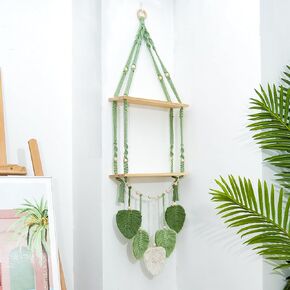 Macrame Wall Hanging 2-Tier Shelf, Boho Floating Wooden Shelves with Green Woven Rope and Leaf Decor,Plant Display for Bedroom, Dorm, Nursery, Living Room, and Bathroom Wall Decor