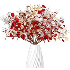 Giegxin 15 Pcs Christmas Artificial Eucalyptus Leaves Silver Glitter Berry Stems Christmas Fake Flower Berries Stems for Christmas Tree Xmas Holiday Wedding, 17 Inch