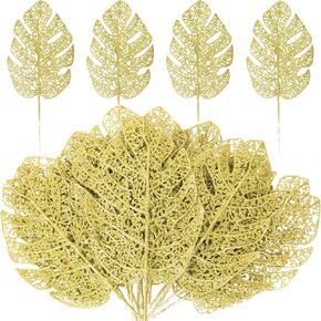 Christmas Artificial Glitter Palm Stems 20Pcs14.96In Glitter Leaves Fake Flashing Monstera Leaves Picks Christmas DIY Winter Decor for Wedding Xmas Tree Party Wreath Holiday Home New Year (Pink)