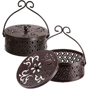 2 Pcs Iron Mosquito Coil Holder, Round Fireproof Metal Incense Coil Holder, Retro Portable Hanging Incense Coil Holder with Lid and Handle, Suitable for Home, Camping and OfficeUse (Bronze)