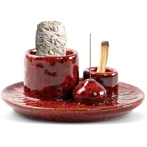 4 in 1 Palo Santo Holder, Ceramic Incense Holder, Sage Holder, Smudge Bowl, Palo Santo Burner, Incense and Candle Holder for Burning Sage for Smudge Meditation Yoga (Red)