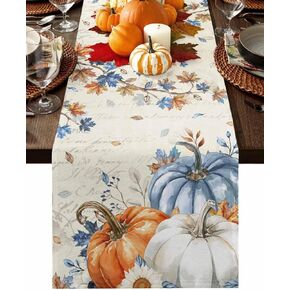 Fall Navy Blue Pumpkins Table Runner - 108 Inch Long, Thanksgiving Maple Leaves Kitchen Dining Table Runner Dresser Scarves, Rustic White Orange Pumpkin Decor for Coffee Table Party Banquet