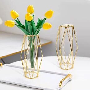 2 Pcs Gold Vase for Flower,Cute Desk Decor Geometric Small vase, Clear Glass Test Tube Plant Propagation Station, with Metal Stand Wedding Home Living Room Decor Office Centerpiece 7.3Inch