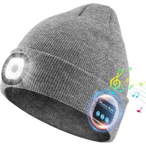 Rotibox Bluetooth Beanie with Light, Unisex USB Rechargeable 4 LED Headlamp Hat, Wireless Headphones Gray