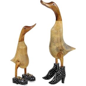 Deco 79 Bamboo Wood Duck Decorative Sculpture Home Decor Statues with Brown Top Hats and Shoes, Set of 3 Accent Figurines, 14", 11"H, White