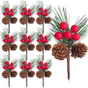 10 Pcs 4.7-Inch Artificial Pinecone and Berry Picks, Christmas Tree Picks, Pine Tree Needles Branches, Realistic Faux Pine Sprigs with Red Berries for DIY Wreaths, Garlands, and Home Xmas Decorations