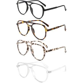 MMOWW 4 Pack Oversized Aviator Reading Glasses for Women Men Retro Double Bridge Pilot Style Blue Light Blocking Readers
