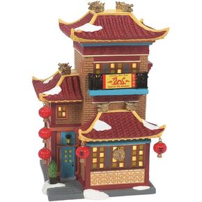Department 56 Christmas in the City Village Collection Lunar New Year Dragon Tea House Lit Building- Hand Crafted Resin Buildings Lunar Dragon Figurine Village Houses with Lights Home Decor, 7.64 Inch