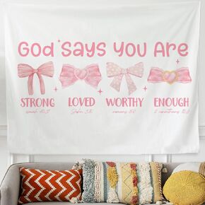 QROZIAR Christian Coquette Pink Bows Tapestry for Bedroom, Inspirational Bible Verse Tapestry Decor, Positive Affirmantions Kids Room Wall Blanket Decor for Classroom Room Home Dorm, 50x60 Inches