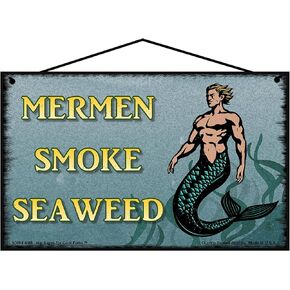 8x10 Mermen Smoke Seaweed Vintage Style Sign - Nautical Home Décor with a Strong Merman, Coastal Wall Art, Gift for Mermaid Lovers