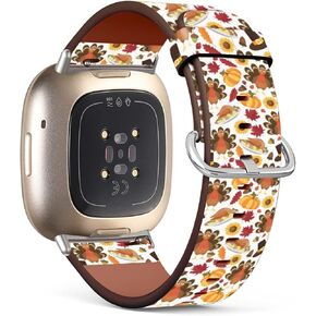 Compatible with Fitbit Fitbit Sense/Versa 3 Patterned Leather Replacement Band (Thanksgiving Turkey Pumpkin Sunflower-1)