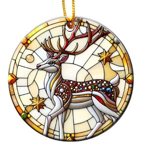 Gormcore Golden Winter Wonderland Deer Ceramic Round Ornament for Christmas Tree Winter Holiday Keepsake Gift Xmas Gift Ornament 3" Gift Box Included