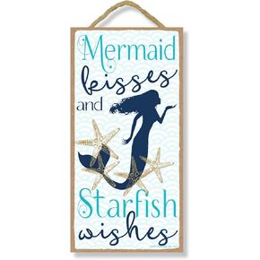 Honey Dew Gifts Mermaid Kisses and Starfish Wishes 5 inch by 10 inch Hanging Wall Art, Decorative Wood Sign Home Decor, Mermaid Sign, 75413