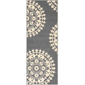 Qute Home European Medallion Non-Slip Rubber Backed Area Rugs & Runner Rug (Grey - Ivory) (2 ft X 6 ft Runner Rug)