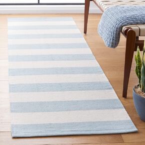 SAFAVIEH Montauk Collection Runner Rug - 2'3" x 8', Sky Blue & Ivory, Handmade Flat Weave Boho Farmhouse Stripe Cotton, Ideal for High Traffic Areas in Living Room, Bedroom (MTK712K)