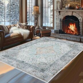 Area Rugs for Living Room 0.24inch Stain Resistant Bedroom Rugs Foldable Anti Slip Carpet Machine Washable Non Shedding Vintage Rug for Home Office and Other High Traffic Areas (Blue, 8 * 10)