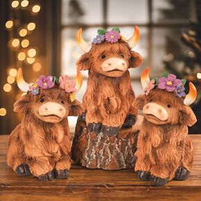 NEROSUN Highland Cow Figurine Decorations, Set of 3 Brown Scottish Highland Cow Statue, Christmas Table Shelf Decor for Home Farmhouse, Gifts for Highland Cow Lovers