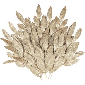 Sawowkuya 30 Pcs Champagne Christmas Tree Picks and Sprays Artificial Glitter Leaves, Christmas Tree Filler Branches Christmas Floral Picks for Xmas Wreath Craft Garland Office Home Decorations