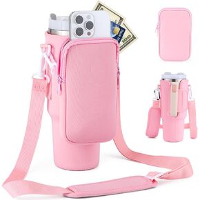 Water Bottle Carrier Bag with Phone Pocket Fit for Stanley 40 oz Simple Tumbler Handle Quencher Cup, Modern Bottle Pouch Holder Adjustable Shoulder Hand Strap Travel Sport