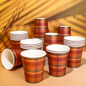 Whaline 50Pcs Fall Thanksgiving Paper Cups Orange Red Green Buffalo Plaid Disposable Cups Autumn Checkered Party Cups for Juice Coffee Hot Cold Drink Thanksgiving Party Supplies Table Decor, 9oz