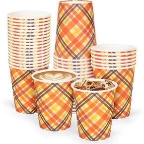Whaline 50Pcs Fall Thanksgiving Paper Cups Orange Red Green Buffalo Plaid Disposable Cups Autumn Checkered Party Cups for Juice Coffee Hot Cold Drink Thanksgiving Party Supplies Table Decor, 9oz