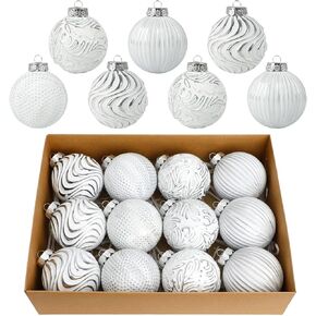 White and Gold Christmas Ornaments Set, 12 Pcs 3.15 inches Christmas Tree Decorations Large Shatterproof Vintage Neutral Farmhouse Xmas Ornaments for Christmas Tree Home Decor Indoor Outdoor