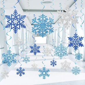 Ouddy Life 38 pcs Winter Snowflakes Hanging Swirls Decorations for Christmas Winter Wonderland Frozen Birthday New Year Party Supplies (Blue Sliver)