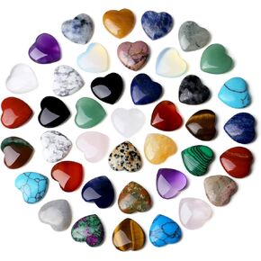 40 PCS Heart Crystals and Healing Stones Love Shaped Cute Pocket Gemstones Natural Rose Quartz Amethyst Crystal Polished Thumb Worry Stone Set Wholesale Reiki Balancing Meditation Gifts