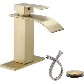 Brushed Gold Bathroom Vessel Sink Faucet, Waterfall Bathroom Faucet, Vessel Faucet, Tall Body High 1 Hole Single Handle with Pop Up Drain Combo Vanity Mixer Tap Commercial Basin Bowl Sink