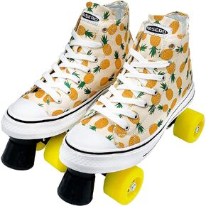 Roller Skates for Women with Bags- Adjustable Double Row Canvas Roller Skates for Girls Strawberry and Pineapple Themed Design- Quad Wheel High Top Canvas Sneaker Style