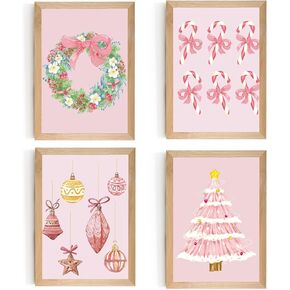 Set of 4 Framed Pink Christmas Wall Art Prints Decor,12x16"Vintage Xmas Tree Garland Framed Wall Signs Art Decor for Office Bedroom Living Room Classroom