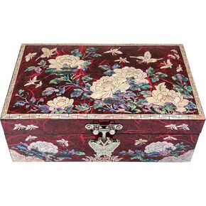 Mother of Pearl Jewelry Ring Necklace Peony Hanji Pattern Trinket Wooden Box - Inlay with Sea Shell Gift (Purple)