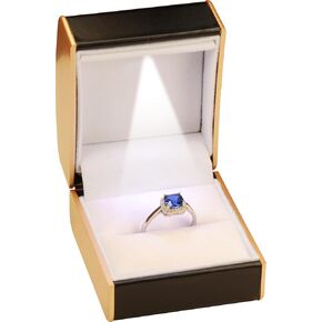 LED Ring Jewelry Gift Box for Proposal, Engagement, Wedding…Luxury PU Leather Dome Top Designed with Gold Color Painted on the Sides Ring Jewelry Gift Holder Box with Light for Women for Men (Green)