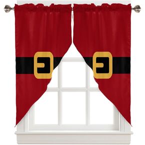 Christmas Curtains Swag Valance Yellow Black Santa Claus Belt Red Rod Pocket Kitchen Curtains Winter Holiday Window Treatment Valances Swag Curtains for Christmas Decorations, 1 Pair, 28"W x 36"L