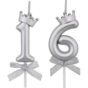 16 Birthday Candles, 16th Cake Candles, Silver Happy Birthday Number 16 Candles Cake Topper Decorations for Party Kids Boys Girls