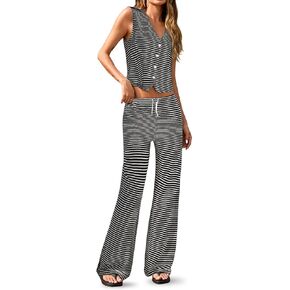 Tankaneo Womens 2 Piece Striped Sets Sleeveless V Neck Button Vest and Drawstring Pants Lounge Set