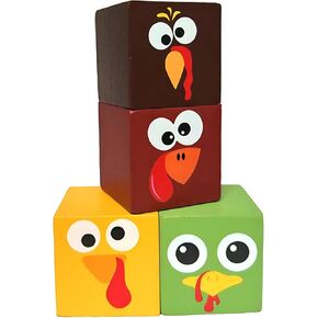 Thanksgiving Table Decor Turkey Sign - 4 Pcs Turkey Centerpieces for Table Fall Wooden Blocks Signs - Farmhouse Tiered Tray Decor for Autumn Thanksgiving Harvest