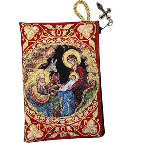 Nativity of Jesus Rosary Pouch Icon Tapestry Keepsake Case Holder With Zipper 5 3/8 Inch, Red