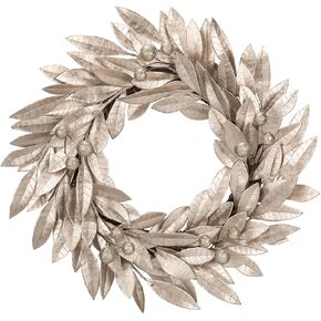 Christmas Wreath 16 Inch Aritificial Champagne Gold Bay Leaf Wreath with Glittered Berries Laurel Leaf Wreath Xmas Wreath for Front Door Holiday Christmas Party Decorations