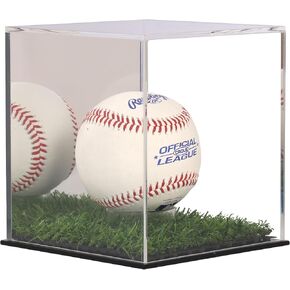 Arcylic Softball Display Case Baseball Display Case Stand Championship Square Box UV Protected Clear Display Cube for 12 Inches Softball Sports Ball Storage Collections (W/ Artifical Turf Base)