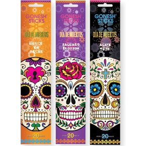 Gonesh - Dia De Muertos - Day of The Dead Incense Sticks - Non-Toxic 10" Slow Burn Aromatic Sticks - Agave Musk, Dulce De Leche, Saguaro Blossom - 20 Sticks Each