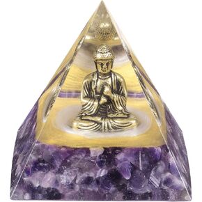 Amogeeli Brass Sitting Buddha Statue in Healing Orgone Crystal Pyramid for Positive, Orgonite Stone Pyramid Protection Reiki Decoration