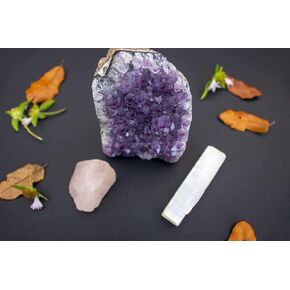 Pachamama Essentials Amethyst Cluster Cut Base from Uruguay, Rose Quartz Rough, Selenite Stick Small, Healing Crystal (3 Pc Set) Premium Grade A, Natural Good Vibes (1-1.5 lb)